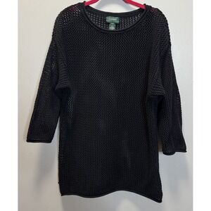Lauren‎ Ralph Lauren Sweater SZ L Knit Crochet Open Weave Black 3/4 Sleeves
